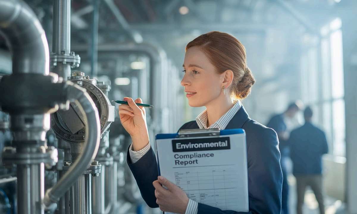Environmental compliance inspector reviewing equipment at industrial facility