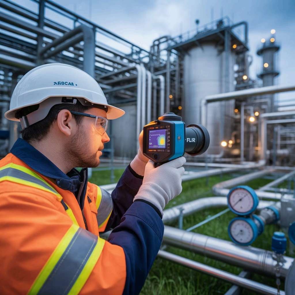 Technician using FLIR thermal imaging camera at industrial facility