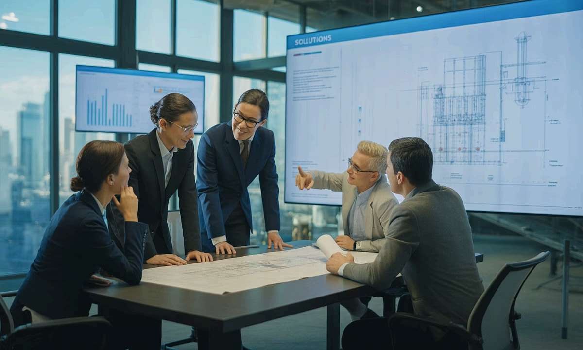 Engineering team reviewing compliance solutions in conference room